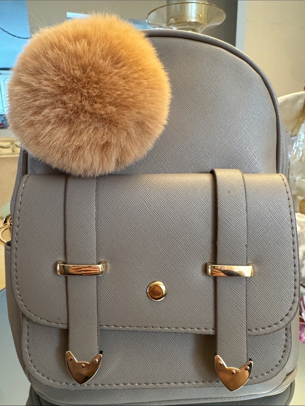 Neutral Gray Mini Backpack with Faux Fur Pom Pom